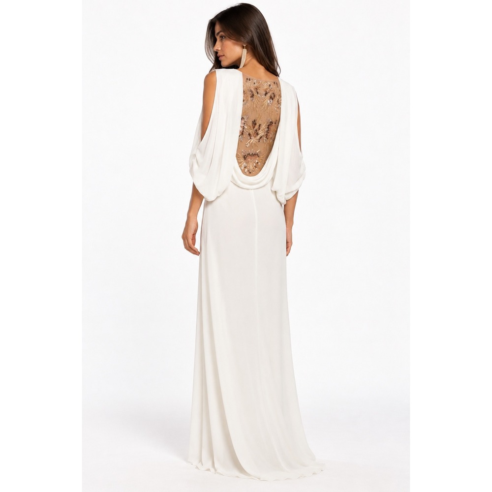 BCBGMAXAZRIA White Embellished Back Draped Maxi Dress Formal Event Size 0